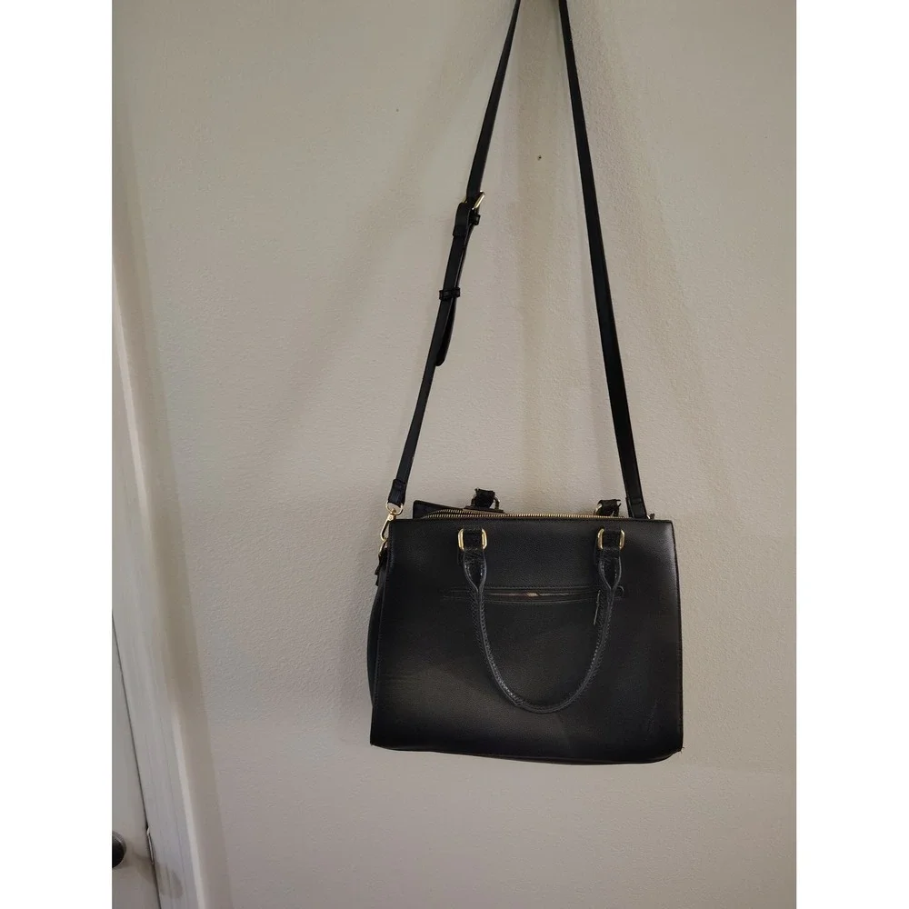 Black Satchel Handbag‎ Crossbody Snake Embossed Trim Gold Tone Hardware